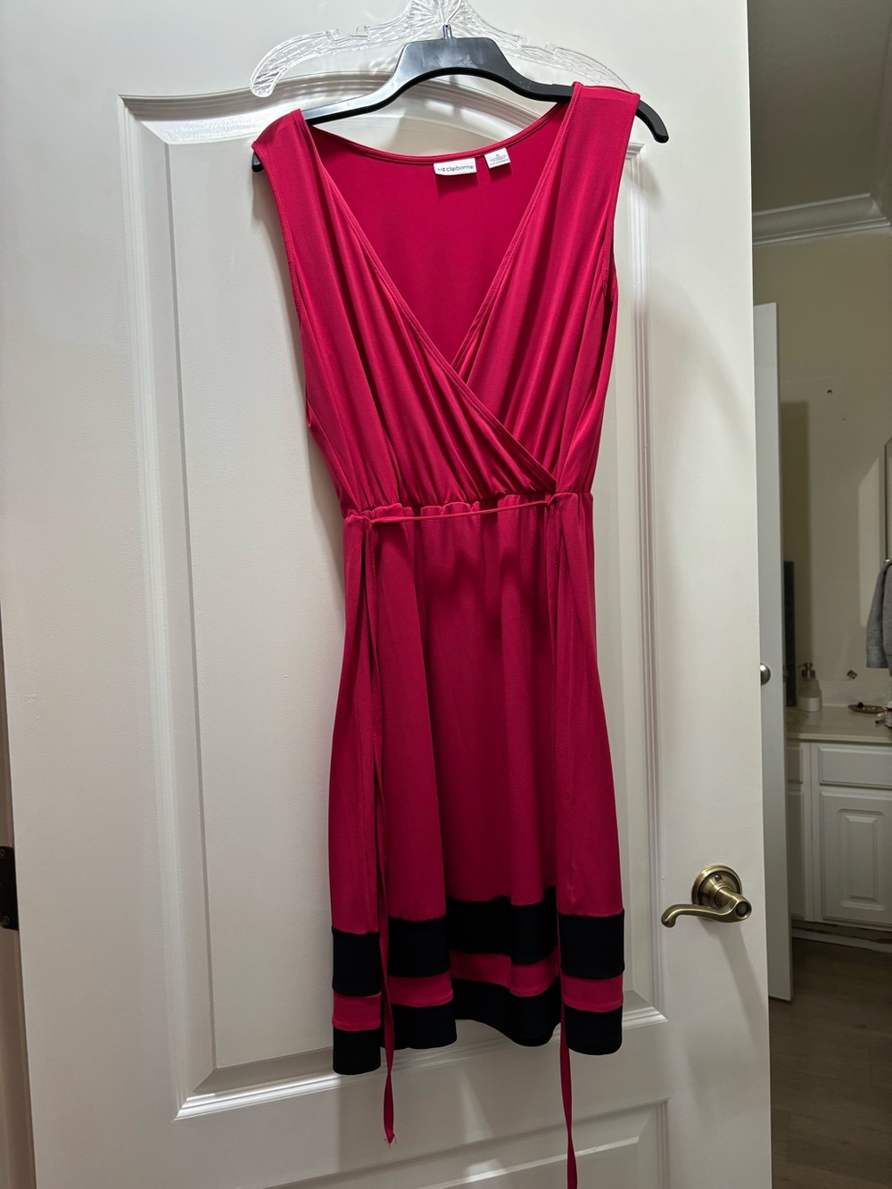 Liz Claiborne Sleeveless Fuchsia Faux Wrap Dress with Black Stripe Hem